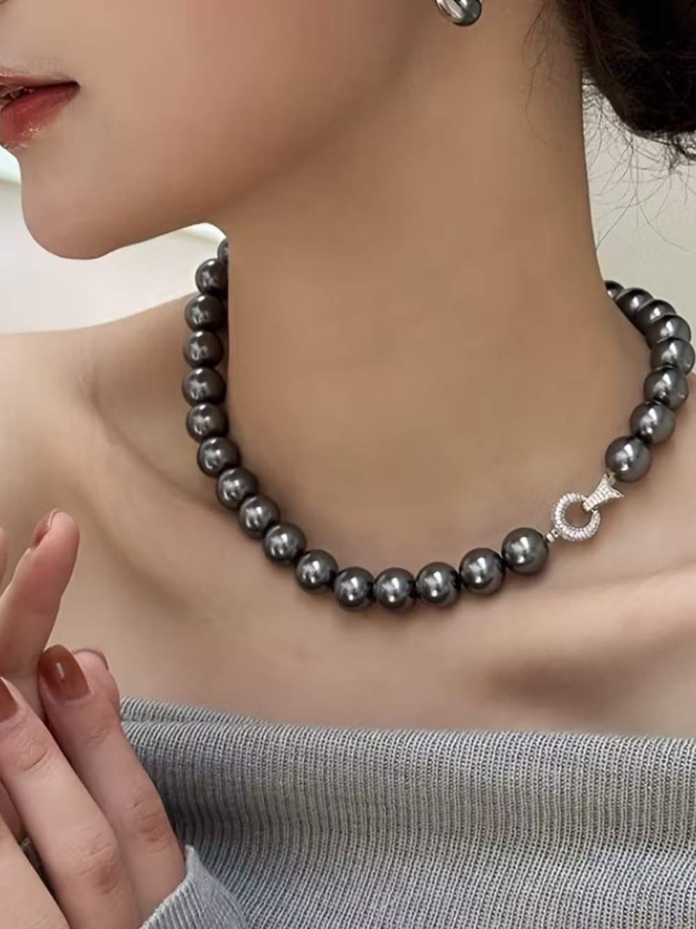 Gray Pearl Choker Necklace with White Rhodium Pave Clasp